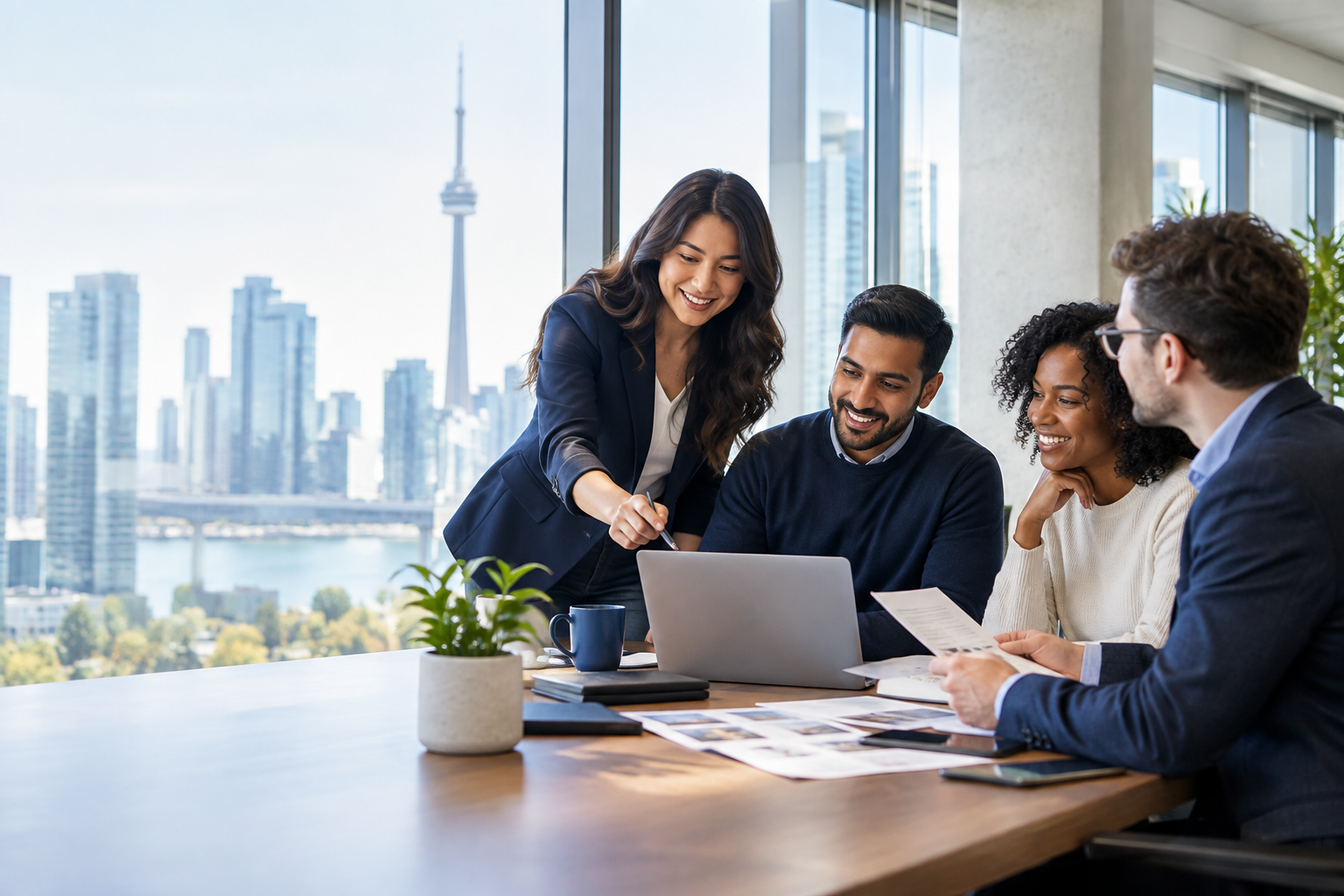 A staffing team meeting with professionals in a bright Toronto office